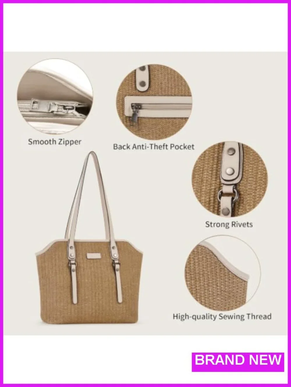 Straw Woven Vegan Leather Tote Bag with Zipper Closure, Large Capacity for